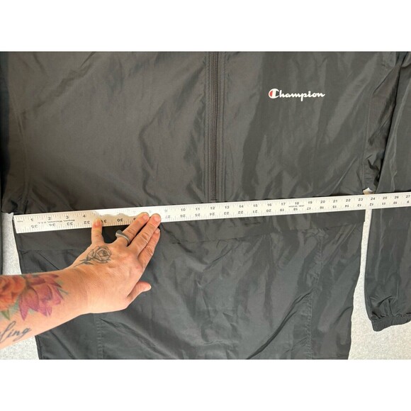 Vintage Black Champion Windbreaker With Hood Quarter Zip With Pockets Large - Picture 9 of 15